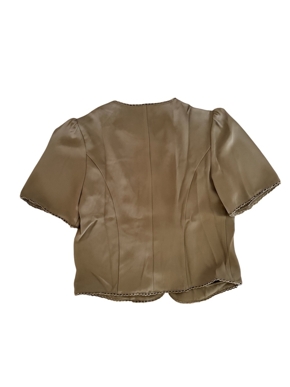 NWT RIHOAS Khaki Satin Puff Sleeve Crochet Trim Blouse Top Flower Buttons Size M - Picture 2 of 6